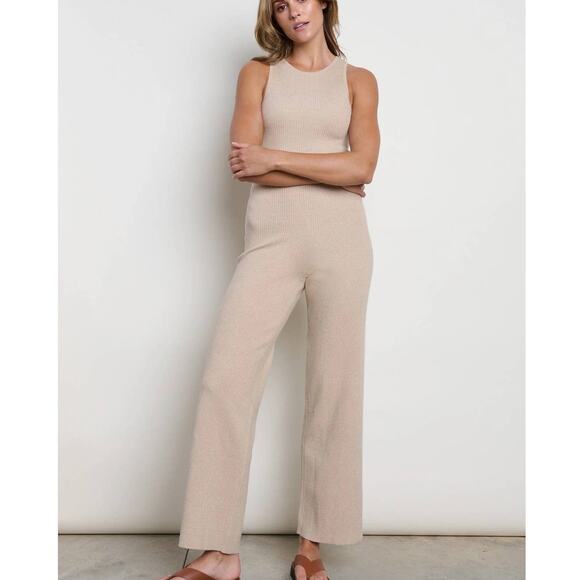 Pretty Lavish Sleeveless Ribbed Knit Wide Leg Jumpsuit Large Beige - Picture 1 of 9